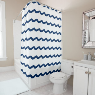 Nautical Navy Blue white ocean sea waves pattern Shower Curtain