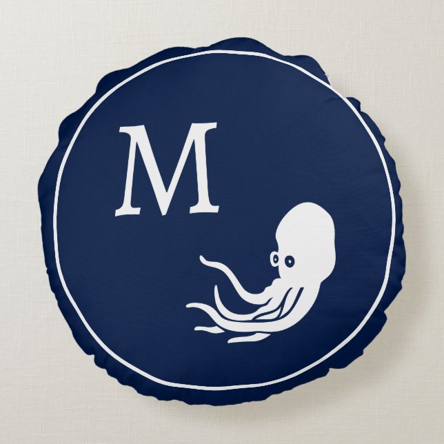 Nautical Navy blue white octopus Round Cushion (Back)