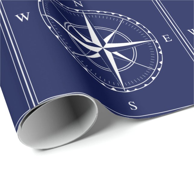 Nautical Navy Blue White Old Ship Compass Design Wrapping Paper (Roll Corner)