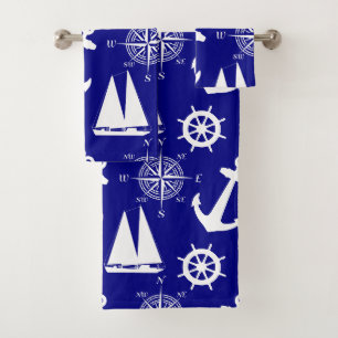 Nautical Navy Blue White Pattern Bath Towel Set