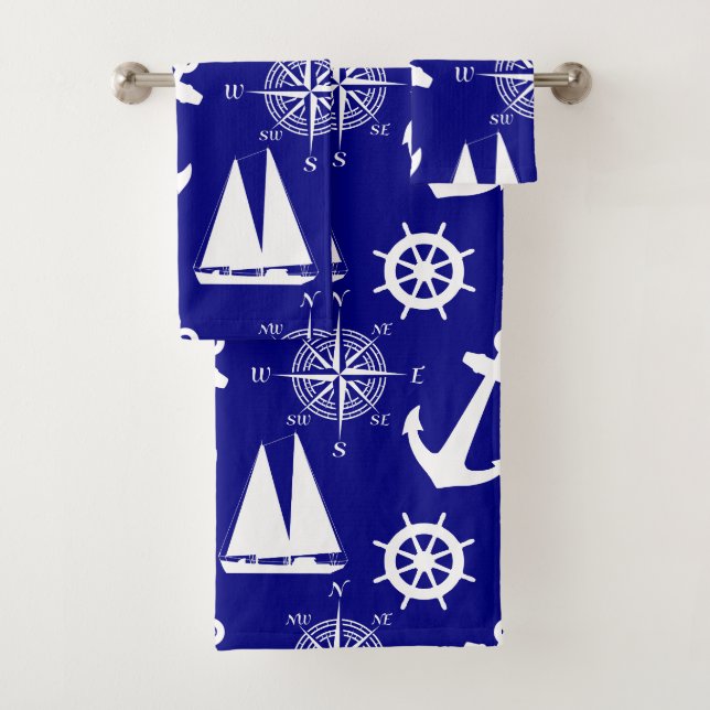 Nautical Navy Blue White Pattern Bath Towel Set (Insitu)