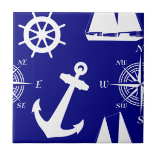 Nautical Navy Blue White Pattern Ceramic Tile
