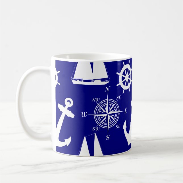 Nautical Navy Blue White Pattern Coffee Mug (Left)