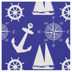 Nautical Navy Blue White Pattern Fabric