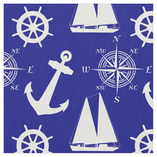 Nautical Navy Blue White Pattern Fabric (Close Up)