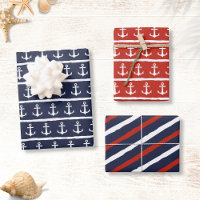 Nautical Navy Blue White Red Stripes Anchor