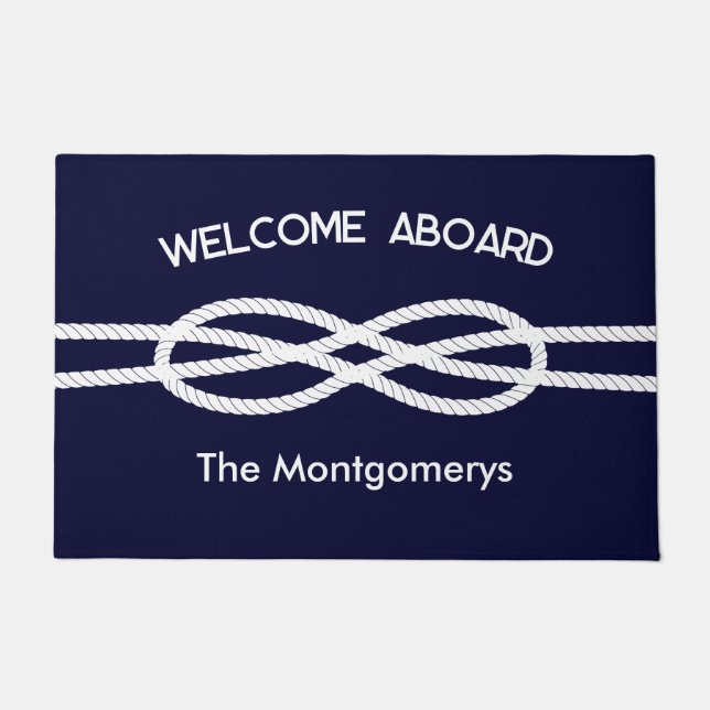 Nautical Navy Blue White Rope Welcome Aboard Doormat (Front)