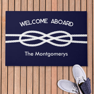 Nautical Navy Blue White Rope Welcome Aboard Doormat