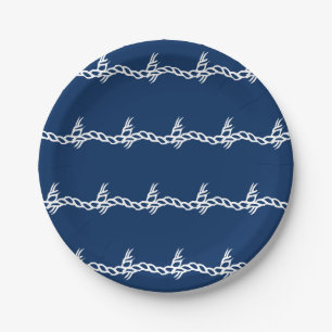 Nautical navy blue white sailing rope ocean waves paper plate