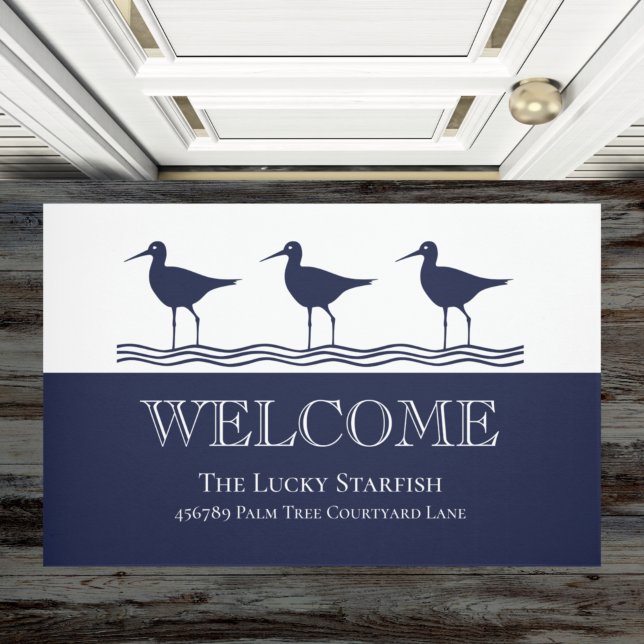 Nautical Navy Blue White Sandpiper beach house Doormat (Creator Uploaded)