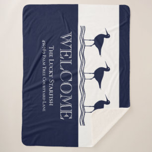 Nautical Navy Blue White Sandpiper beach house Sherpa Blanket