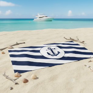 Nautical Navy Blue & White Stripe Anchor Beach Towel
