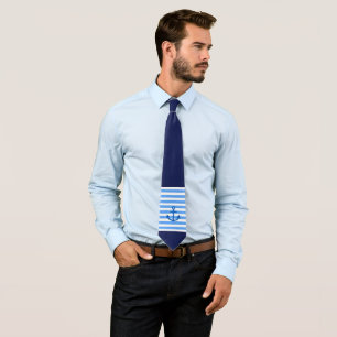 Nautical Navy Blue & White Stripe Anchor Pattern  Tie