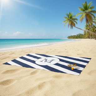 Nautical Navy Blue & White Stripe Custom Monogram Beach Towel
