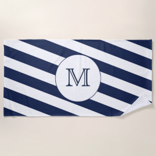 Nautical Navy Blue & White Stripe Custom Monogram Beach Towel