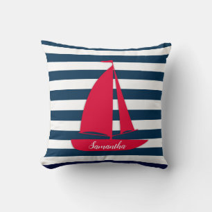 Nautical Navy Blue White Stripe Monogram Red Boat Cushion