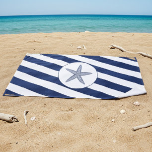 Nautical Navy Blue & White Stripe Starfish Beach Towel