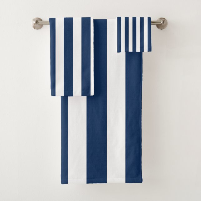 Nautical Navy Blue & White Striped Bath Towel Set (Insitu)