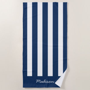 Nautical Navy Blue & White Striped Custom Name Beach Towel