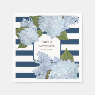 Nautical Navy Blue White Striped Hydrangea Floral Napkin