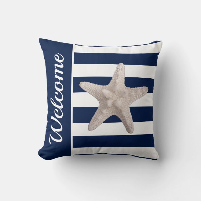 Nautical Navy Blue White Striped Starfish Welcome Cushion (Front)