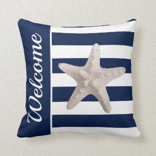 Nautical Navy Blue White Striped Starfish Welcome Cushion