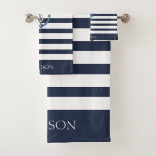 Nautical Navy Blue & White Stripes Anchor Name Bath Towel Set