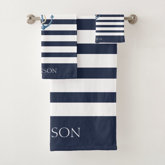 Nautical Navy Blue & White Stripes Anchor Name Bath Towel Set (Insitu)
