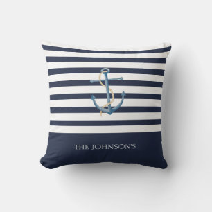 Nautical Navy Blue White Stripes Anchor Name Cushion