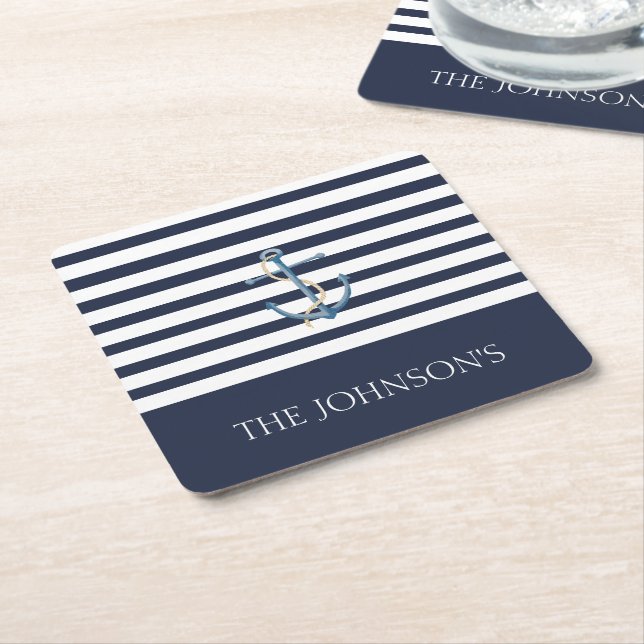 Nautical Navy Blue White Stripes Anchor Name Square Paper Coaster (Angled)