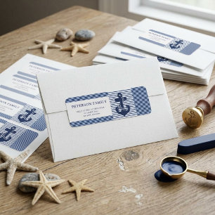 Nautical Navy Blue White Stripes Anchor Return Address Label
