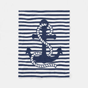 Nautical Navy blue White Stripes and Blue Anchor Fleece Blanket