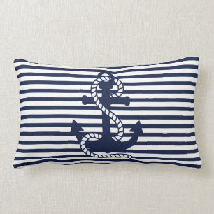 Nautical Navy blue White Stripes and Blue Anchor Lumbar Cushion