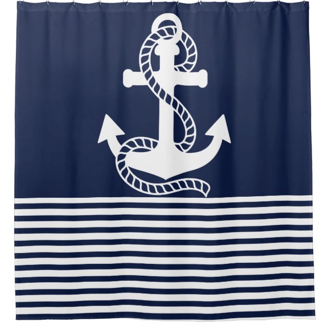 Nautical Navy Blue White Stripes and Blue Anchor Shower Curtain (Front)