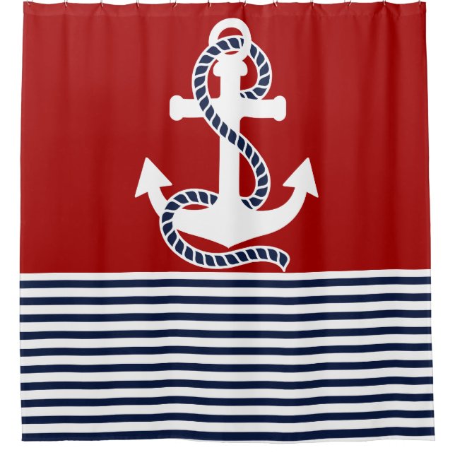 Nautical Navy Blue White Stripes and Blue Anchor Shower Curtain (Front)
