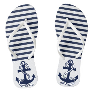 Nautical Navy Blue White Stripes and Blue Anchor Thongs