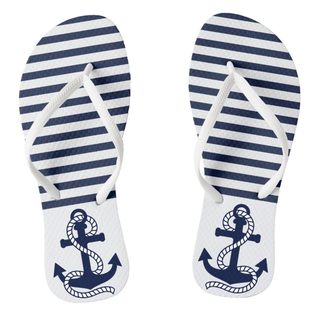 Nautical Navy Blue White Stripes and Blue Anchor Thongs (Footbed)