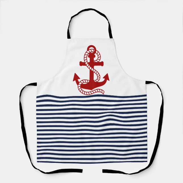 Nautical Navy blue White Stripes and Red Ancho Apron (Front)