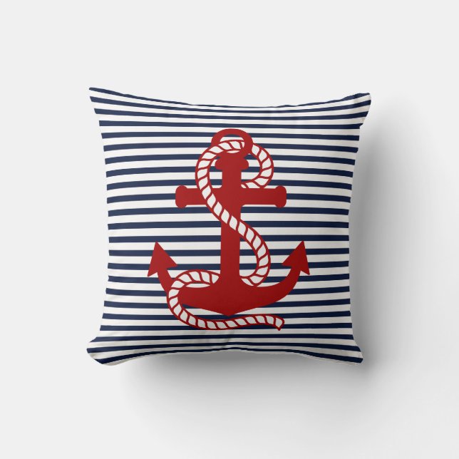 Nautical Navy blue White Stripes and Red Anchor Cushion (Front)