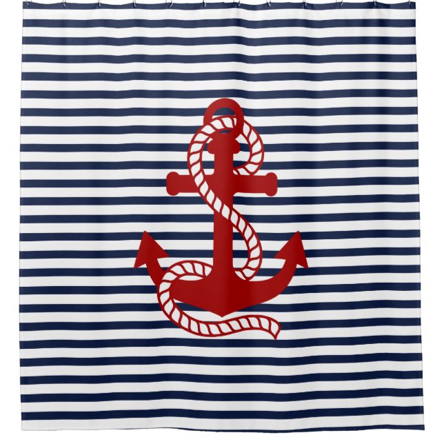 Nautical Navy Blue White Stripes and Red Anchor Shower Curtain (Front)