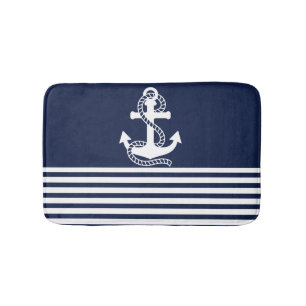 Nautical Navy Blue White Stripes and White Anchor Bath Mat