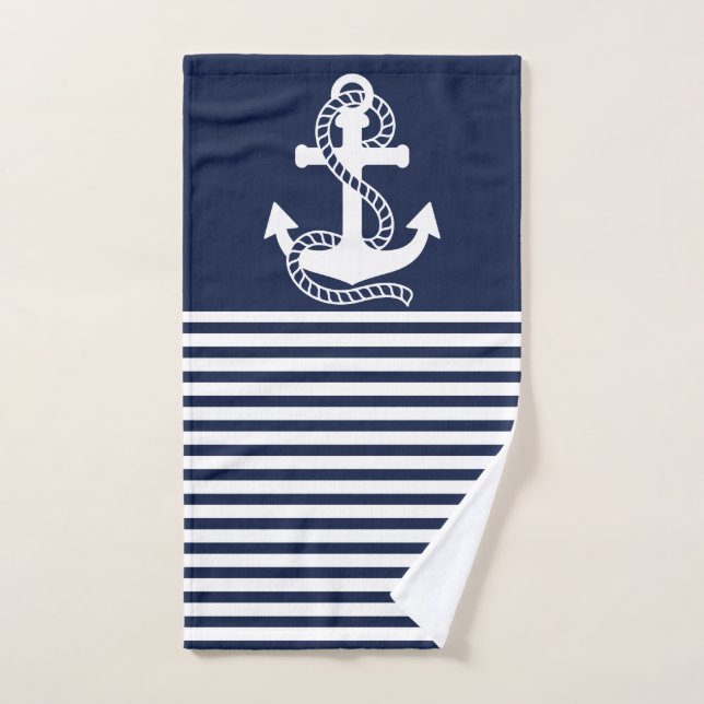 Nautical Navy blue White Stripes and White Anchor Bath Towel Set (Hand Towel)
