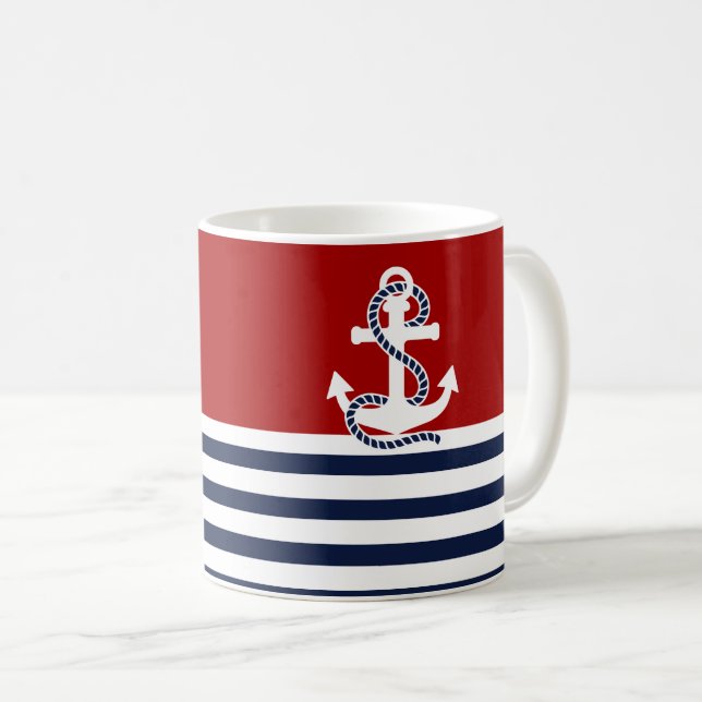 Nautical Navy Blue White Stripes and White Anchor Coffee Mug (Front Right)