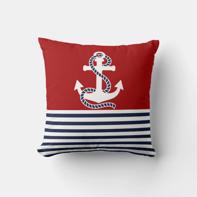 Nautical Navy Blue White Stripes and White Anchor Cushion (Front)