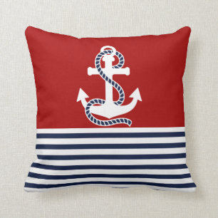 Nautical Navy Blue White Stripes and White Anchor Cushion