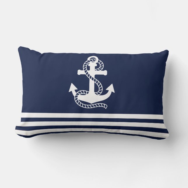 Nautical Navy blue White Stripes and White Anchor Lumbar Cushion (Front)