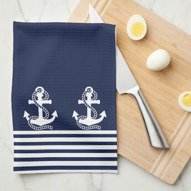 Nautical Navy Blue White Stripes and White Anchor Tea Towel (Quarter Fold)