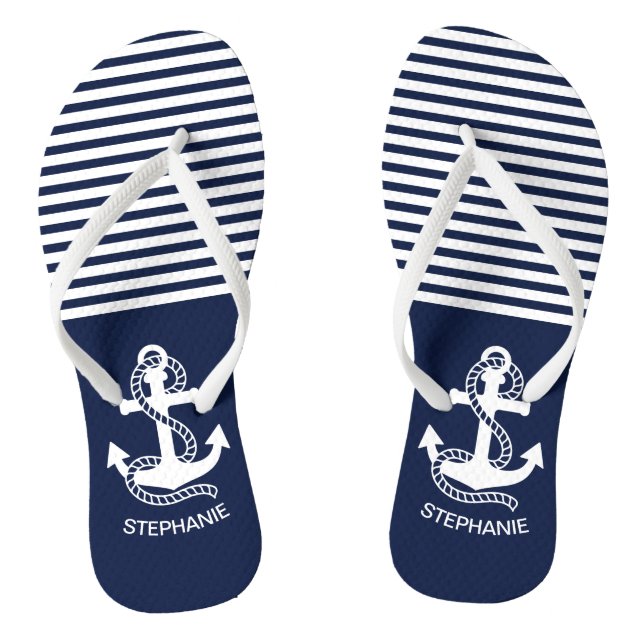 Nautical Navy blue White Stripes and White Anchor Thongs (Footbed)