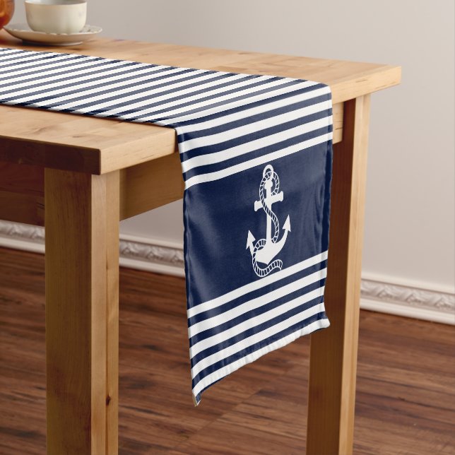 Nautical Navy Blue White Stripes and White Anchors Short Table Runner (In Situ)