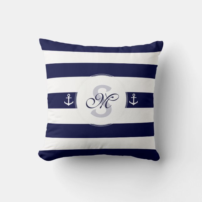 Nautical navy blue white stripes cushion (Front)
